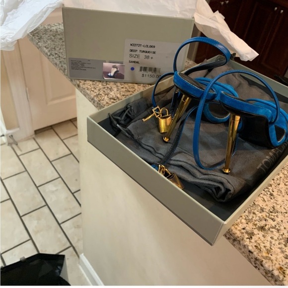 Tom Ford Deep Turquoise Suede Open-Toe Heels - Picture 3 of 4